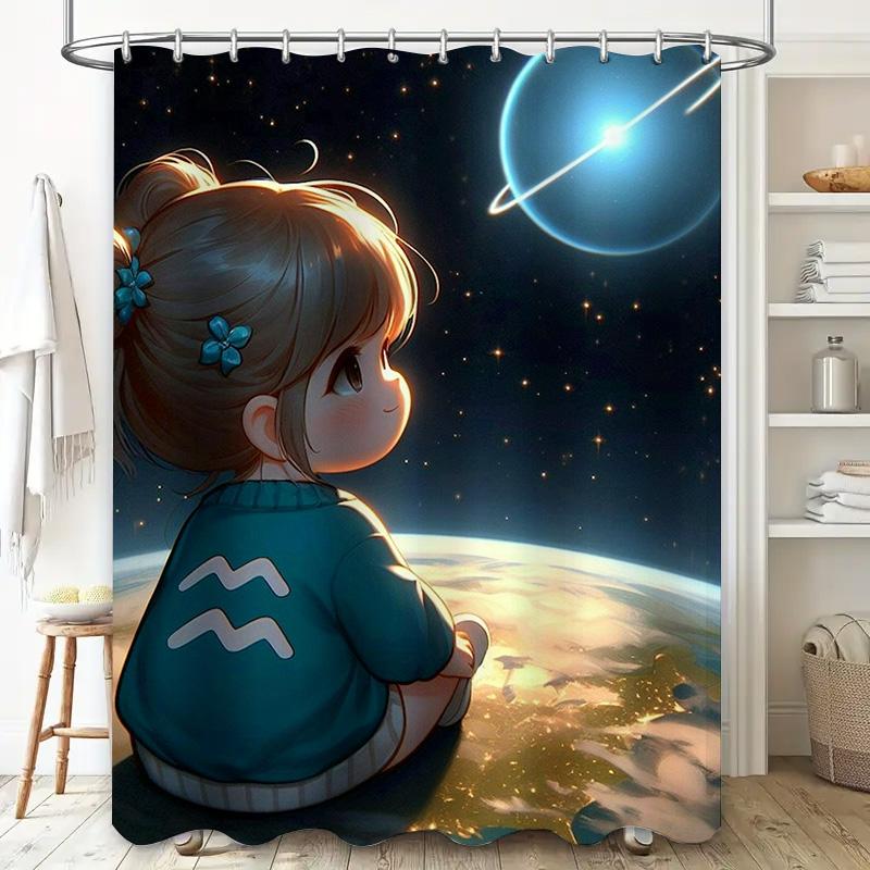 Cute Cartoon Girl Shower Curtain - Space Adventure Design, Waterproof & Mildew-Resistant for Kids' Bathroom Decor, Perfect Gift