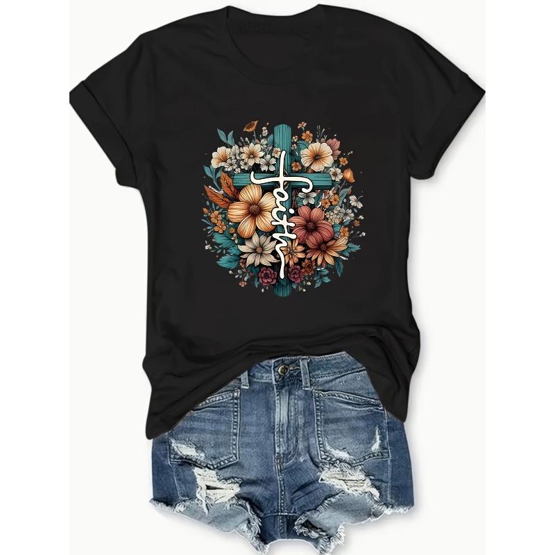 

European sizes Women s Chic Letter Cross Floral Print T-Shirt Comfortable Fashion Casual Short Sleeve Round Neck Daily Wear Top 4XL
