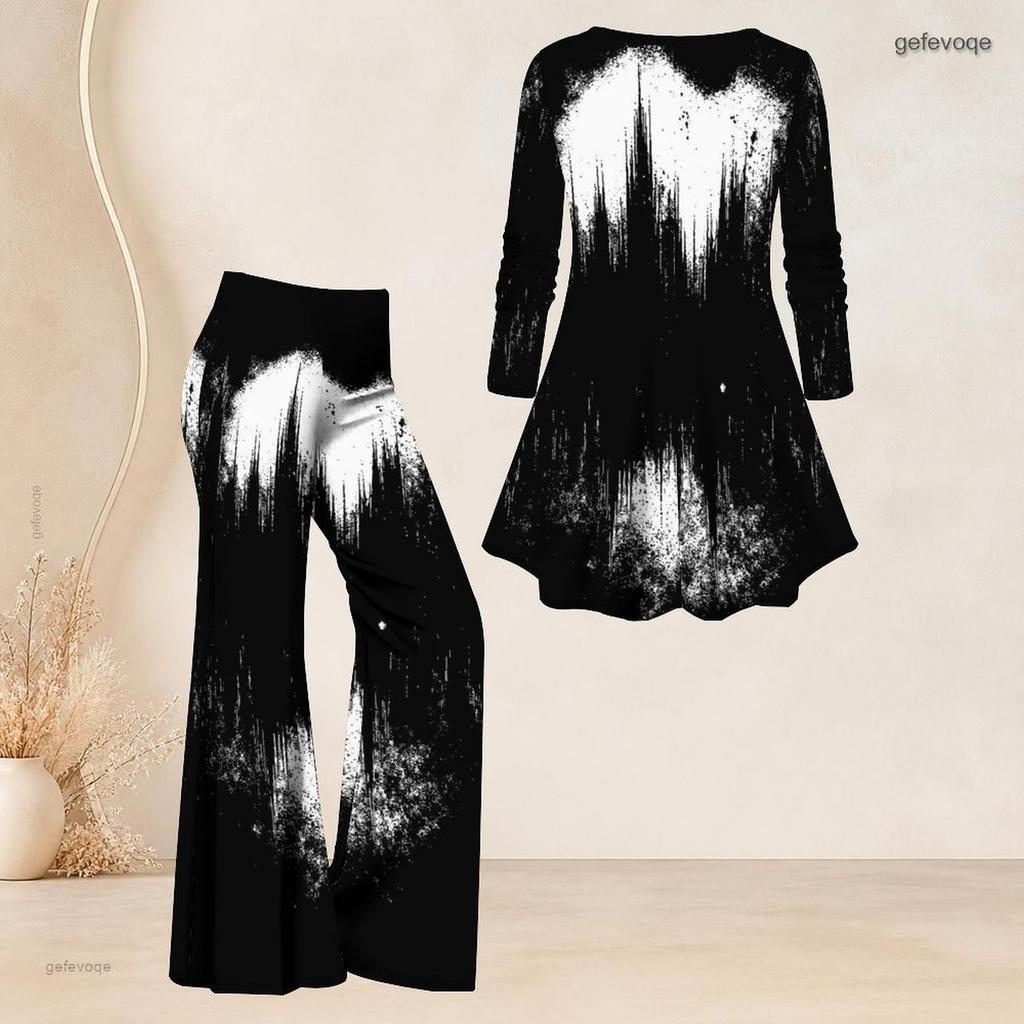 Women Plus Size Two Piece Set V Neck Long Sleeve Black White Printed Flared Top Flared Pants