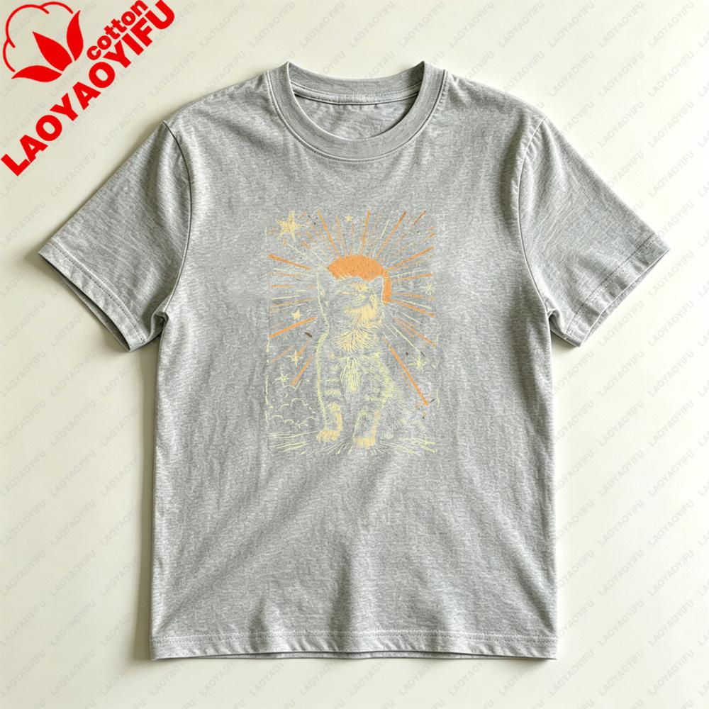 Vintage Celestial Cat Tarot Style Graphic TShirt Mystical Starry Kitten Casual Tee Unisex Summer Daily Life Fashion Cotton Tops