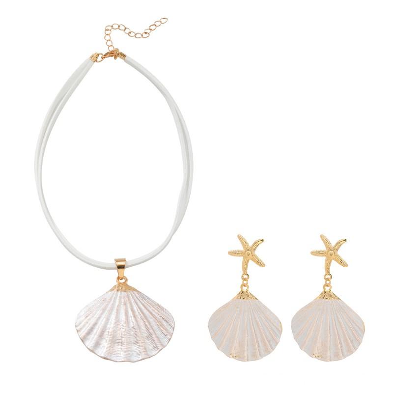 Ocean Beach Style Shell Starfish Necklace Earring Set Women Alloy Jewelry With Electroplated Finish White Pink Blue Teal White