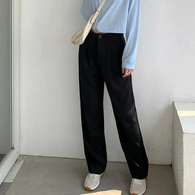 High Waist Women Suit Pants Fall Straight Office Ladies Korean Fashion Trousers Casual Button Loose Female Black Pants