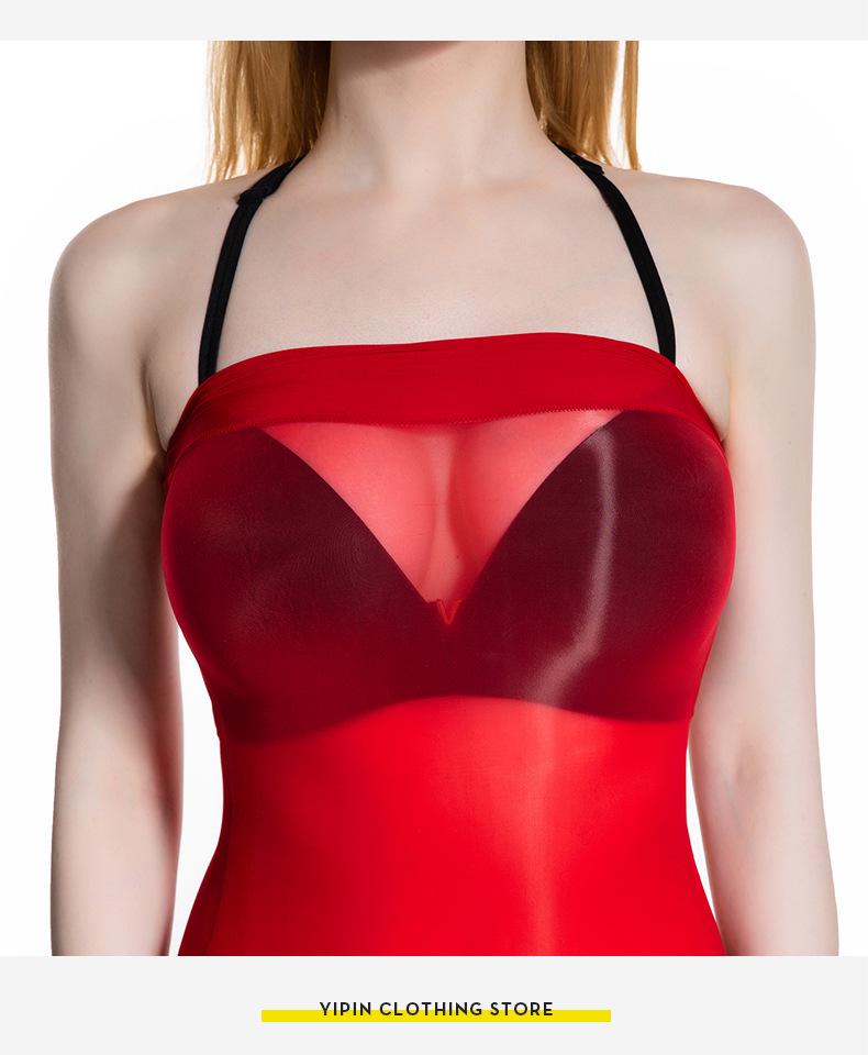 Qinghe 912 8D Sheer Oily Stockings with Tube Top Dress, Tight Mini Skirt Cheongsam, and Ultra-thin Transparent Design