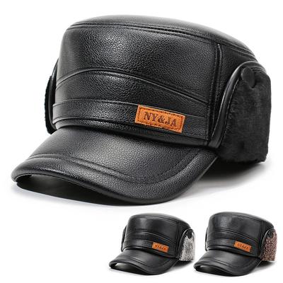 Klobouk pro muže středního věku a starší muže Zimní teplý Klobouk z kůže pro otce a dědečka Sametová plochá čepice s ochranou uší pro starého muže