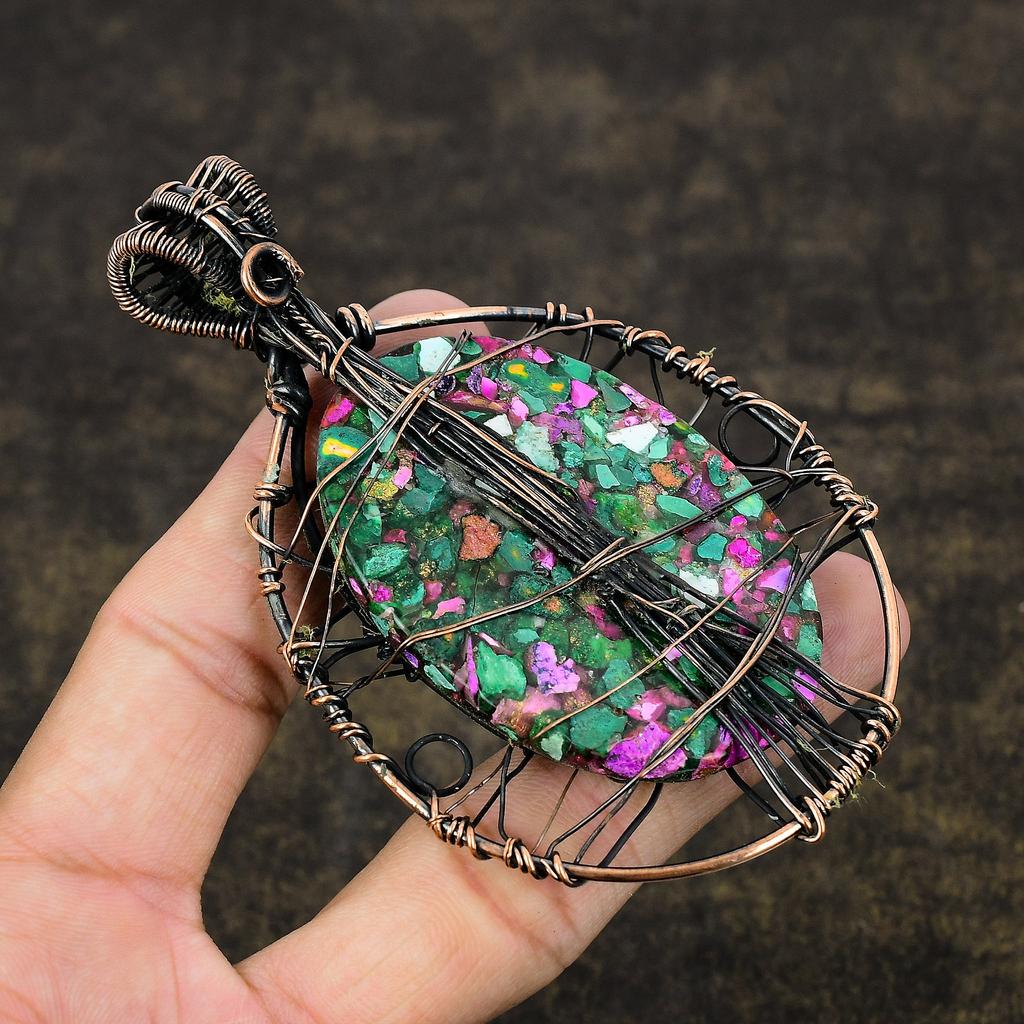 Copper Ruby in Zoisite  Ethnic Copper Wire Wrap Pendant 3.82" t6y44