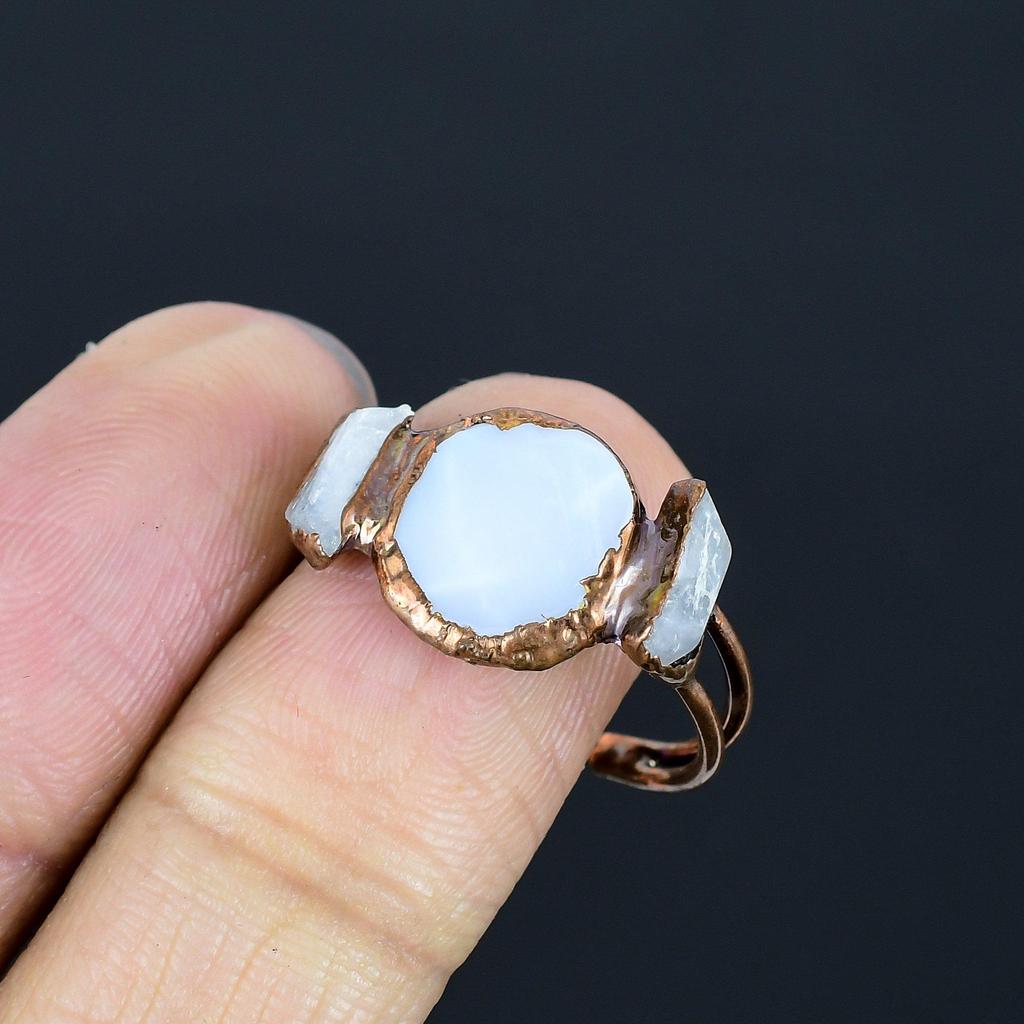 Rainbow Moonstone Handmade Gemstone Ring, Copper Electroformed Ring Antique Jewelry, Adjustable Ring Engagement Gift