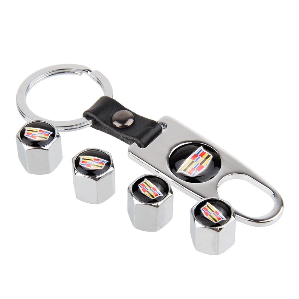 4pcs Car Wheel Valve Stems Caps with Keychain for Cadillac Escalade CTS CT5 XT5 XTS XLR BLS SLS STS SRX Deville Auto Accessories