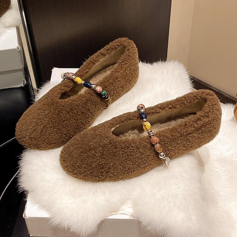 

Korean version of beaded one-word with round head, shallow mouth, flat-soled single shoes for women 2025 autumn and winter new models, versatile oute 40 кофейный