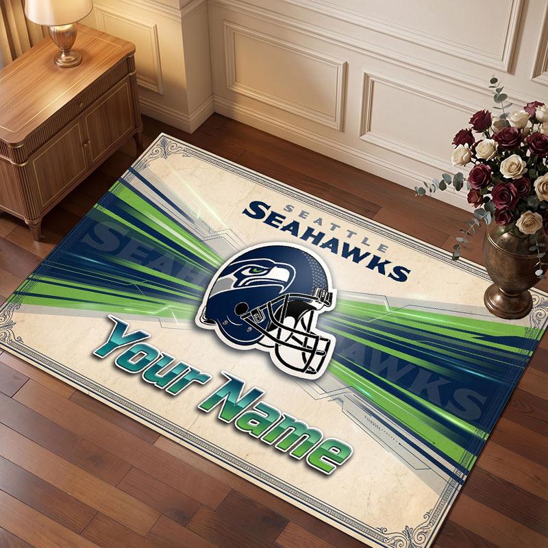Seattle Seahawks Personalisierter Kristall-Samt-Teppich, Benutzerdefinierter Namens-Text Weicher Anti-Rutsch-Teppich für Wohnzimmer Schlafzimmer