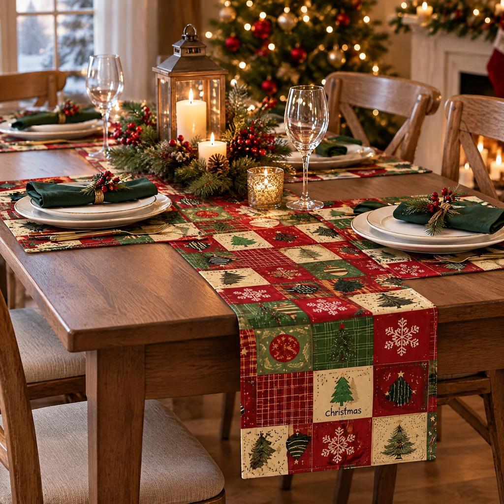 5 Pack Christmas Table Runners, Plaid Christmas Tree Ball and Snowflake Pattern Table Decor for Kitchen, Dining and Coffee Table
