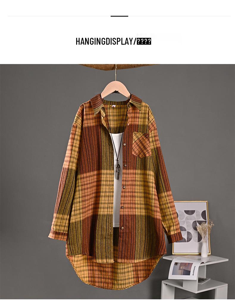 Women's Retro Plaid Shirt Jacket - Spring/Autumn, Plus Size, Loose Fit, Butt-Covering, Sun-Protection, Cotton Linen Blend