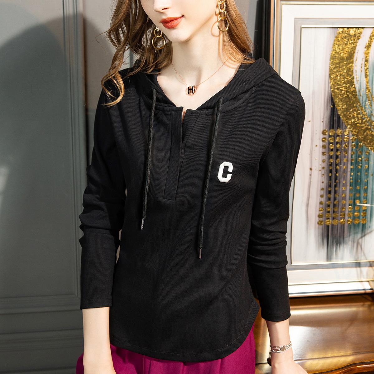 Весенне-осенняя женская куртка с длинным рукавом, повседневная с капюшоном и буквенной баской, облегающие топы с длинными рукавами M чёрный