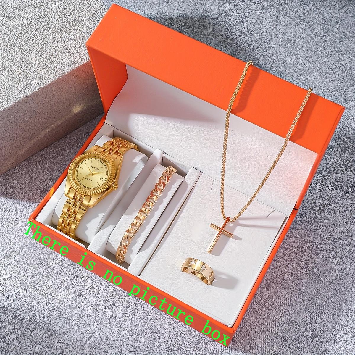 

Fashion Light Luxury Trendy Round Dial Alloy Strap Women Quartz Watch Jewelry 4 Piece Set for Christmas and Thanksgiving Gifts золотой