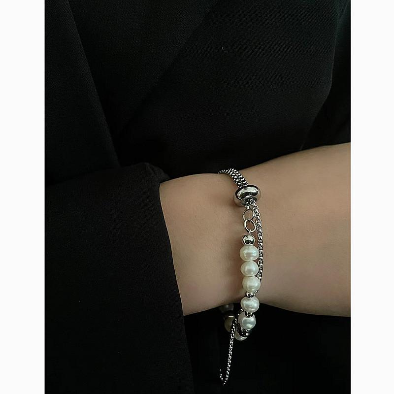 Double Layer Pearl Bracelet For Men And Women With Adjustable Titanium Steel Cuff Jewelry