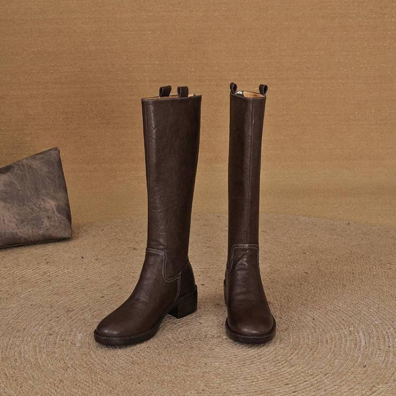 Podzimní a zimní dámské kožené boty z prané hovězí kůže ve velkých velikostech, nové dámské boty na středním podpatku, všestranné boty s kulatou špičkou, zadní zip, vysoké dámské boty