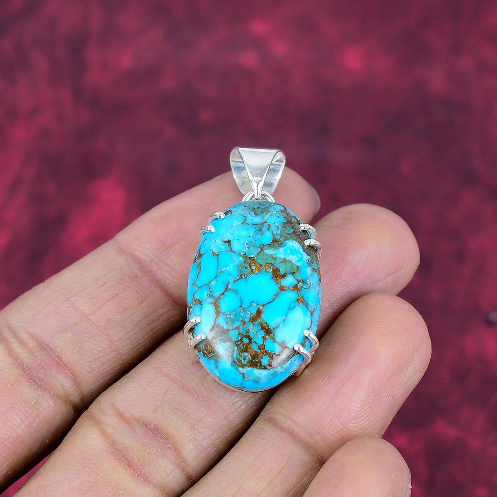 Tibetan Turquoise Pendant, 925 Solid Sterling Silver Gemstone Jewelry, Handmade Pendant, For Thanksgiving