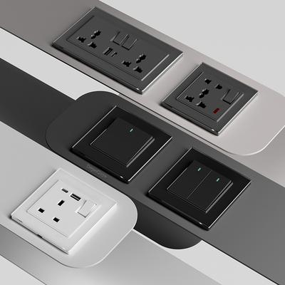 Grey UK 13A Wall Socket with USB Type-C 18W Fast Charging Universal Dual 3pin Socket,Tempered Glass Button 1/2Way Light Switch