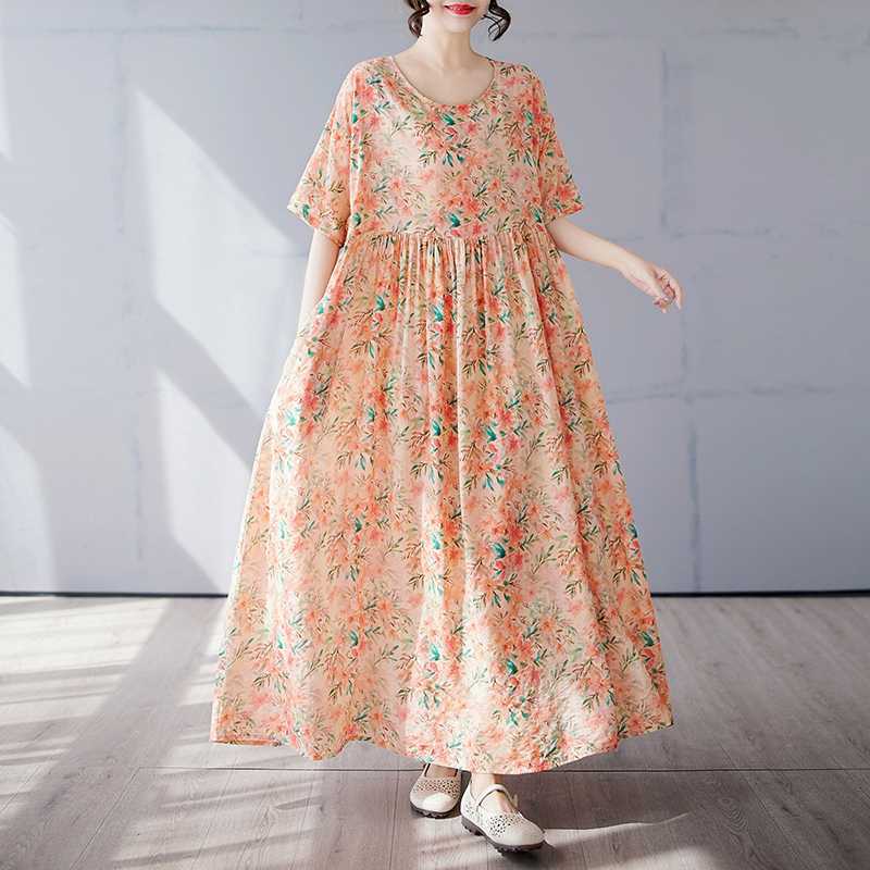 Simple and Fashionable Long Skirt Summer Short Sleeved Round Neck Printed Dress