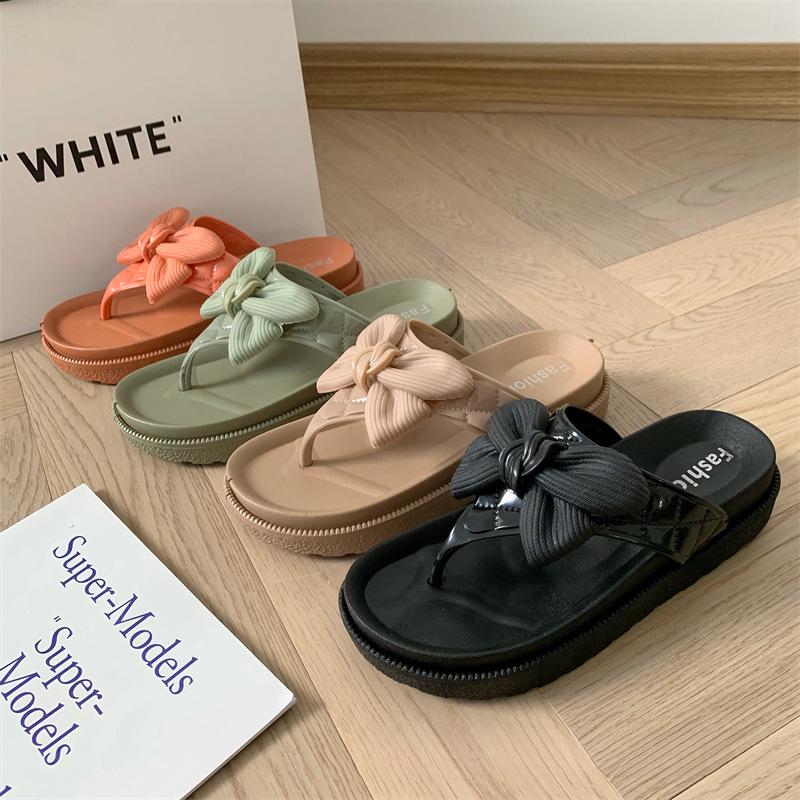 Cute Women Summer Wave Point Bow Slippers Outer Wear Fashion Thick-soled Indoor Herringbone Home Sandals Beach Shoes