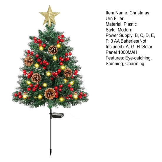 23 Inch Lighted Artificial Christmas Urn Filler Pre-lit Xmas Pine Tree with Cones Red Berries Tripod Stake And LED Light Outdoor Porch Planter Filler