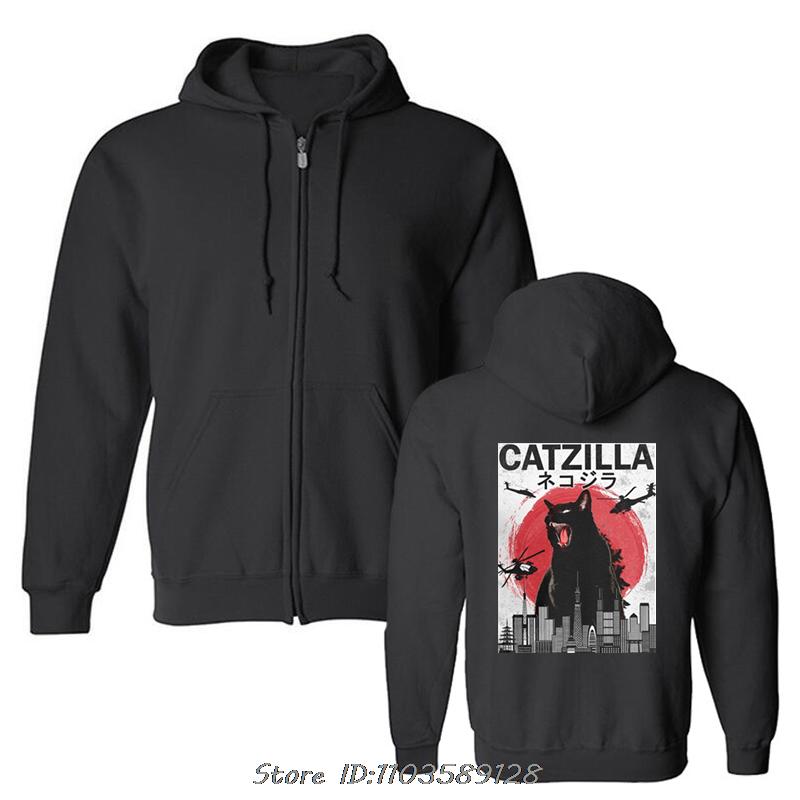 Vintage Catzilla Japanese Sunset Cat Lover Hoodie Novelty Cotton Hoody Hip Hop Pullover Sweatshirt Oversized Graphic Tops