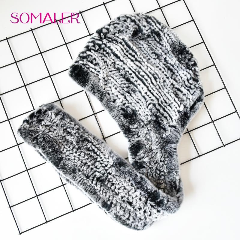 SOMALER Vinter kaninpelshue Skjerf for kvinner Russisk stil strikket pelsbeanies og skjerf
