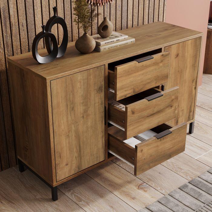 Commode, avec 2 portes + 3 tiroirs + étagères réglables, pour chambre, adapté à la chambre, salle à manger et salon, chêne