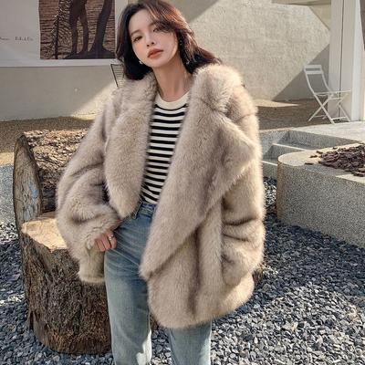 Herbst- und Winterimitat-Fuchspelz-Gras-warmer Mantel für Damen, mittellang, großes Revers, lockerer und bequemer Anzugkragen-Pelzmantel