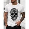 Camiseta blanca de manga corta para hombre con gráfico de calavera brillante, cuello redondo, corte relajado, mezcla de algodón suave, estilo streetwear atrevido para uso diario casual