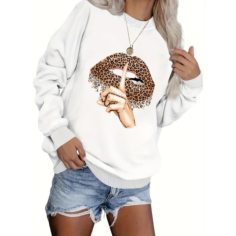 Plus Size Leopard Lip Print Crew Neck Pullover, Casual Long Sleeve Sweatshirt for Fall and Winter, Women's Plus Size Clothing