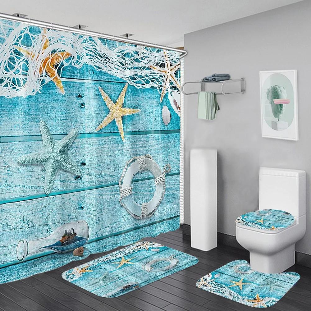 Bathroom Accessories Set Ocean Theme Shower Curtain Bath Mat Toilet Cover U Shape Pad Durable For Home Hotel Gifts