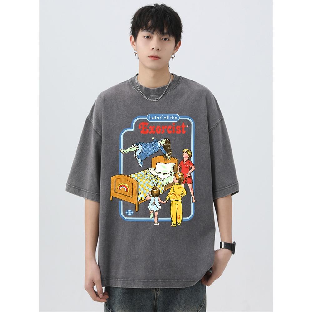Let'S Call The Exorcist Washed Retro Mens T-Shirts Loose T-Shirts Cotton Breathable T-Shirt Oversized Tops