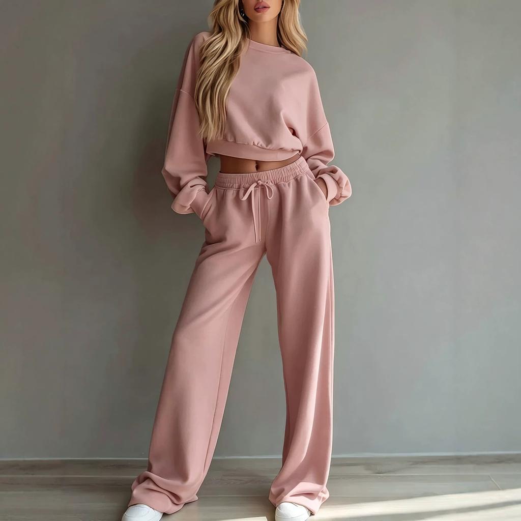 Women Tracksuit Set Long Sleeve Crop Top And High Waist Sweatpants Casual Loose Fit Loungewear Two Piece Set