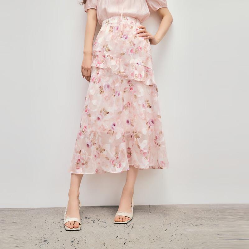 Elegant Ruffle Print A-Line Midi Skirt XL