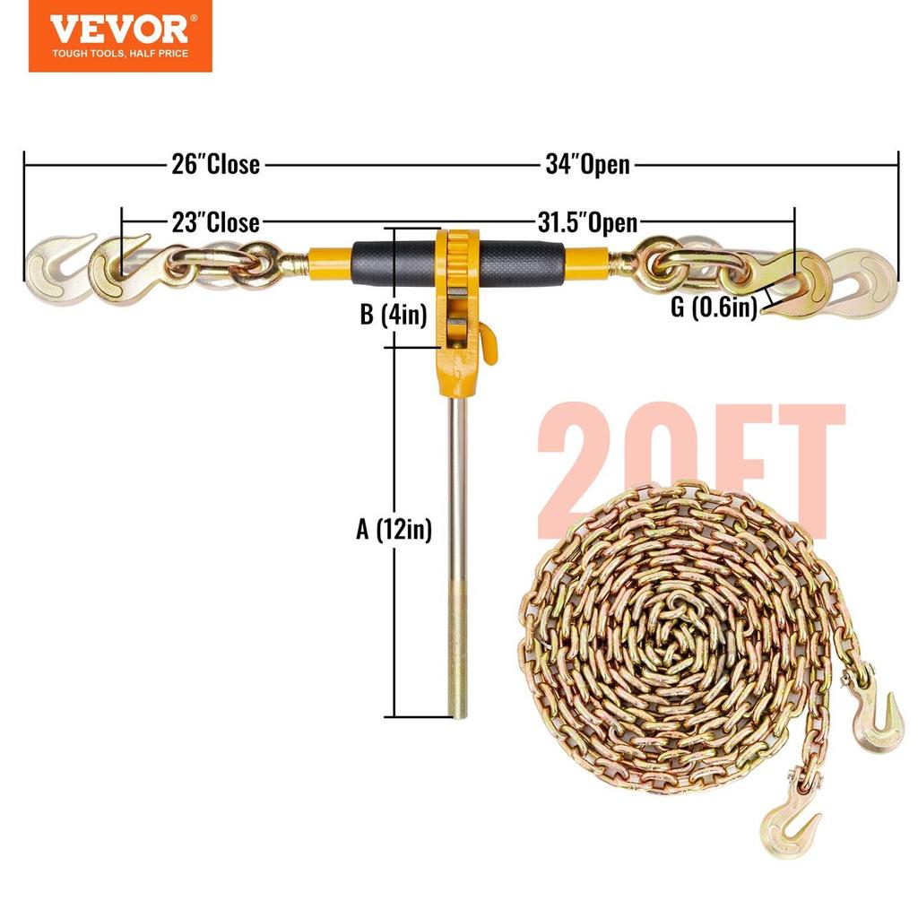 Ratchet Chain Binder 2PCS, 3/8"-1/2" Heavy Duty Load Binders, with G80 Chains 12000 lbs Secure Load Limit, Labor-saving Anti-skid Handle, Tie Down
