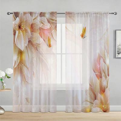 2pcs Orange Blossom Curtains: Suitable for Living Room/daily Use, Fresh and Elegant, Pole Type Translucent Gauze Curtains