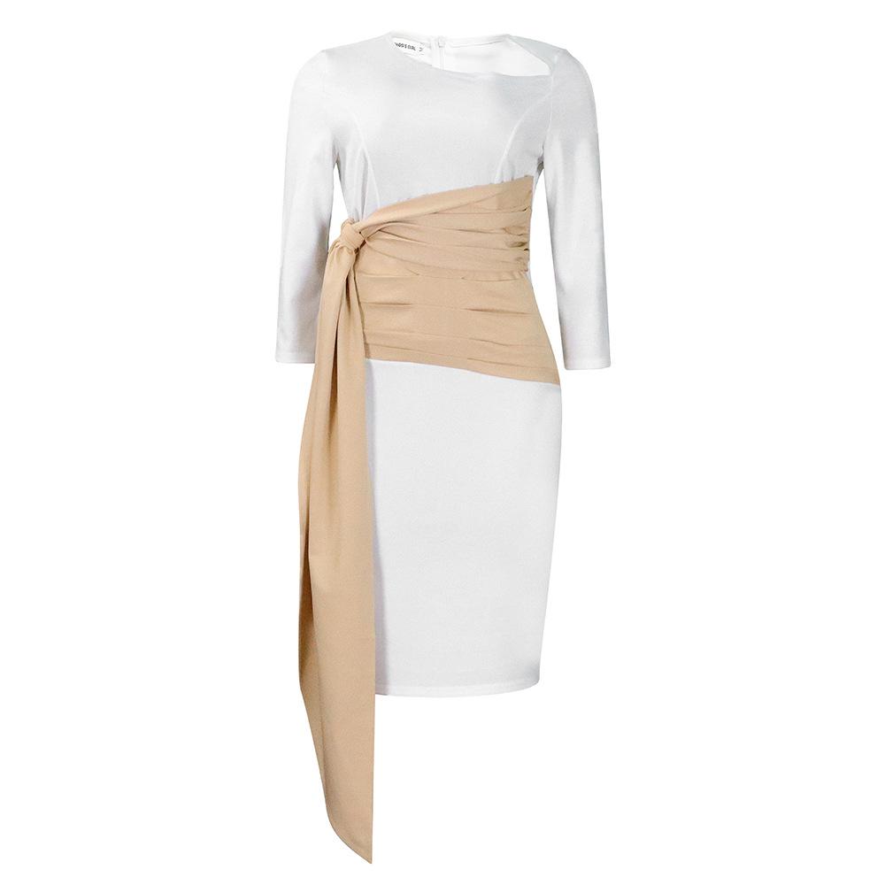 Large Size Women Fashion Patchwork Mid Sleeves Business Dress Ladies Elegant One Piece Skew Collar Sheath Dress