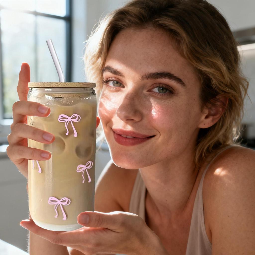 Glass Cups with Lids and Straws 500ml Bow Cup Drinking Mug for Iced Coffee Cocktail Matcha Tea Drinking Water Teen Girls Home