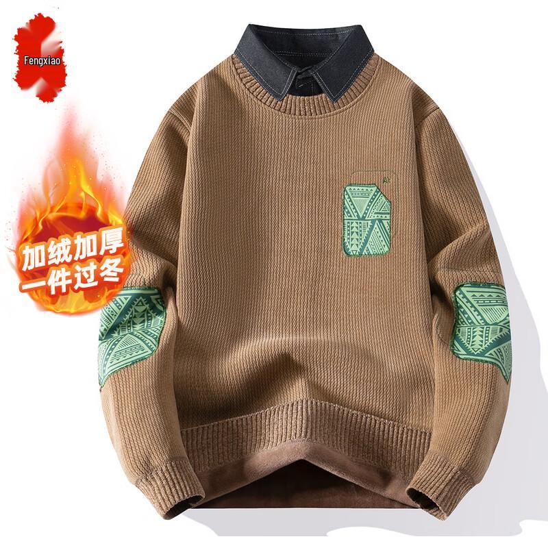 

Men s Faux Two-Piece Fleece Lined Pullover Sweater with Shirt Collar L