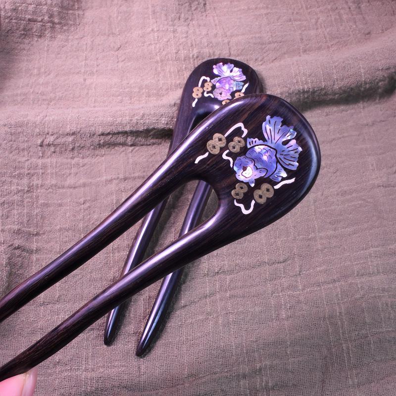 Ebony Wood Mother-of-Pearl Inlaid U-Shaped Hanfu Hairpin - Chinese Style Hair Accessory