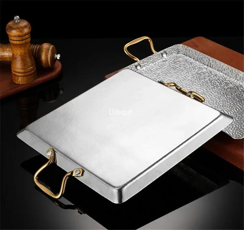 Double ear Creative 304 stainless steel tray shallow BBQ Dim sum steak plate rectangular buffet display dishes and plates sets