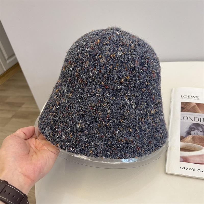 

Colored wool wool knitted bucket hat women s autumn and winter new small fresh warm fisherman hat M（56-58cm） тёмно-синий