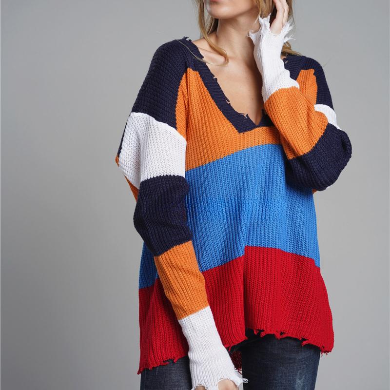 IHUASU Autumn and Winter Women's Knitwear V-neck Pullover Loose Rainbow Jumper