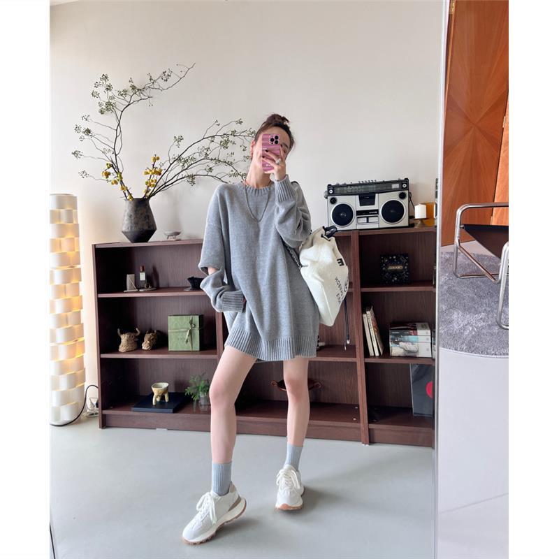 

Свободный шерстяной свитер средней длины с нишей на молнии и длинными рукавами для женщин, пуловер с круглым вырезом и нишей, топ-свитер One Size серый