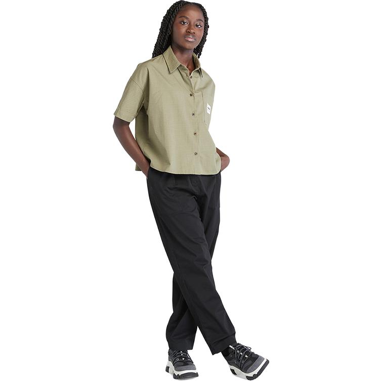 Timberland Urban Outdoor Series Pointed Collar Pleated Solid Loose Short Sleeve Shirt Women shirts Cassel-Green A6AJW-590