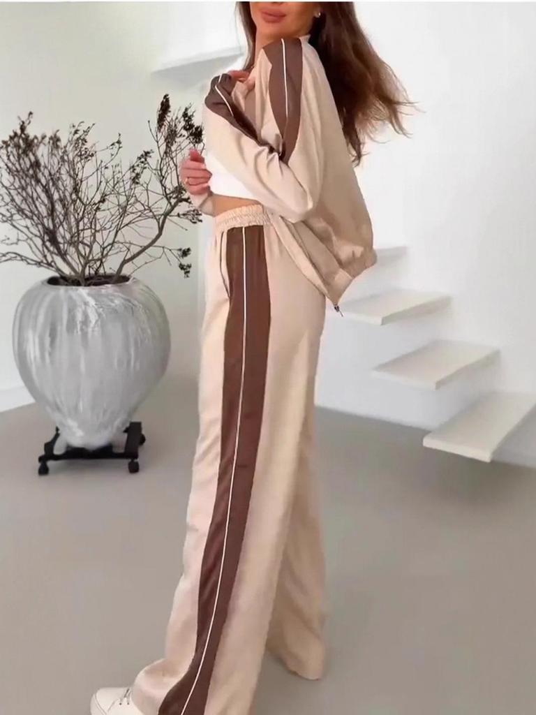 2025 Spring & Autumn Fashion Solid Color Splicing Jacket & Wide-Leg Long Pants Set