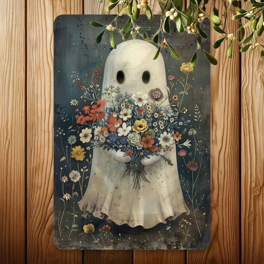 Vintage Ghost with Bouquet Metal Sign Wall Decor Halloween