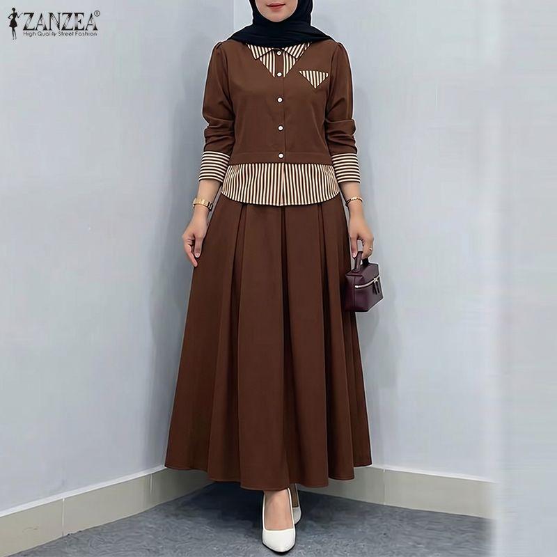 ZANZEA Women Long Sleeve Patchwork Blouse and Long Skirts Casual Two Piece Suit Sets