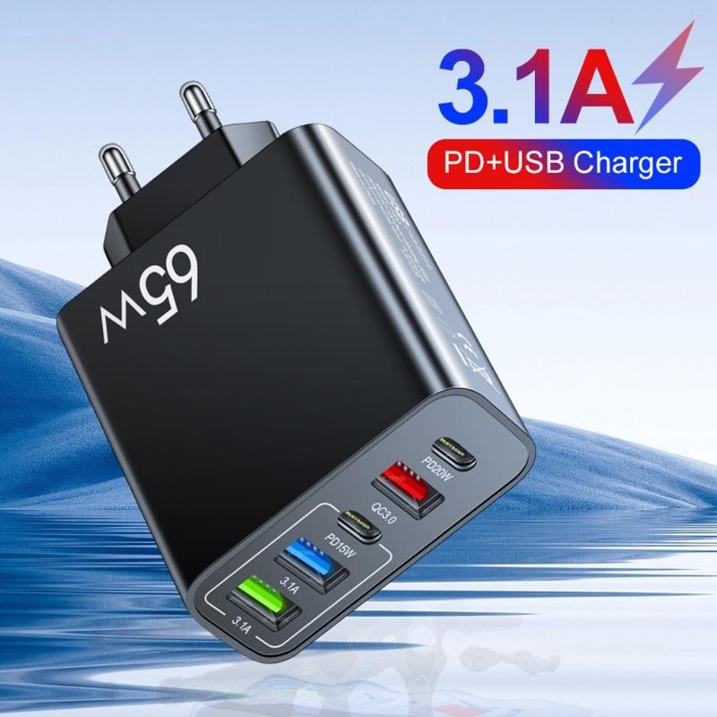 Practical 65W Charging Hub USB Type C Port Automatic Power Adjustment Simultaneous Charging Head for Various Devices