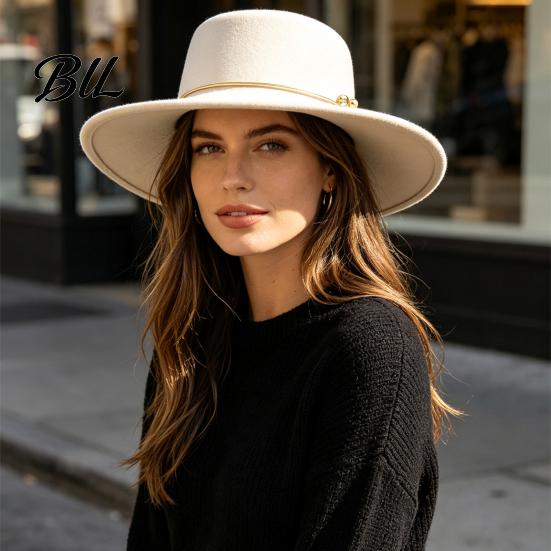 Classic Wide Brim Hat Retro Flat Top Hat, Wool Felt Pork Pie Bowler with Vintage Style Fedora Metal Ring, Trilby for Women Men Autumn Winter